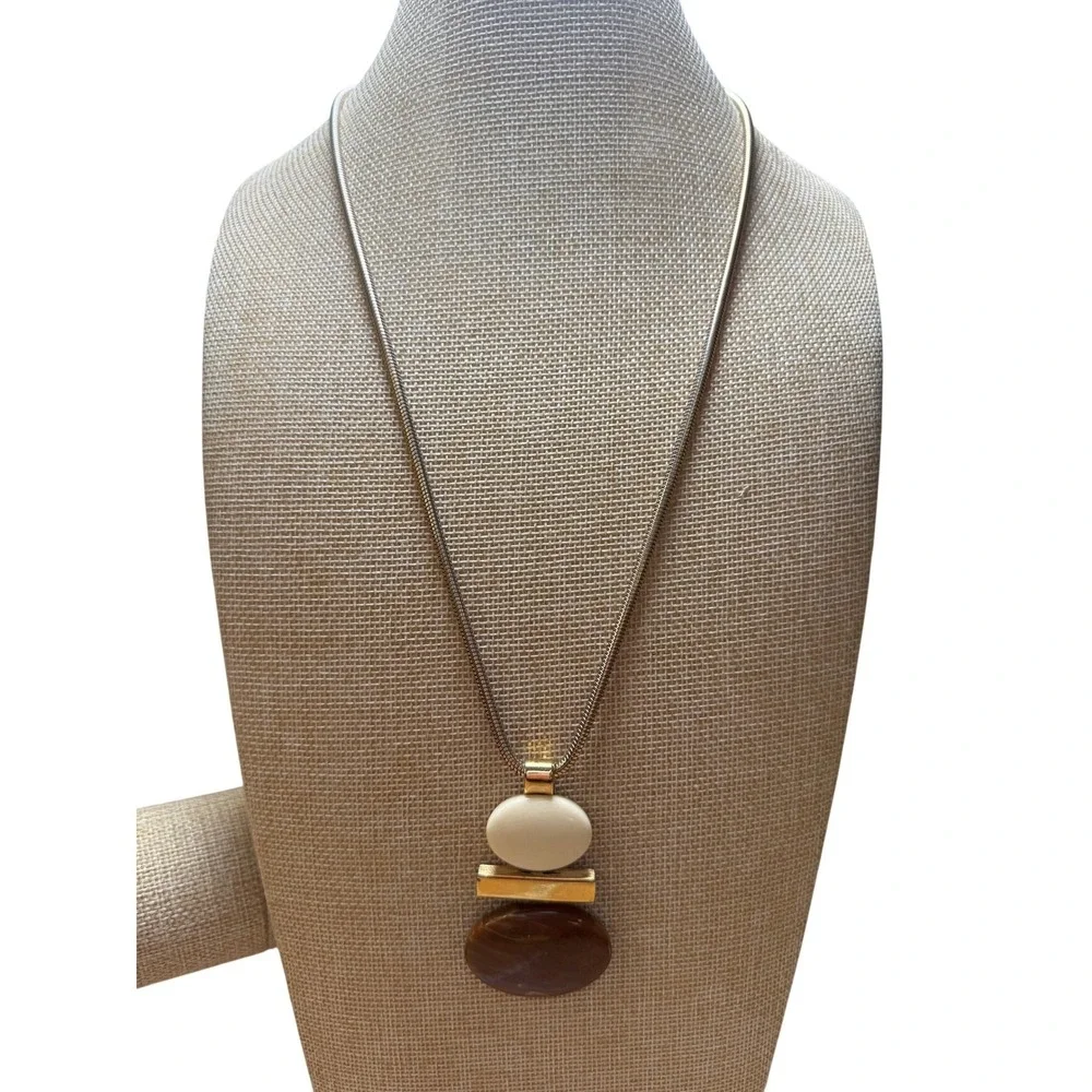 Avon Pendant Necklace Gold Tone Brown Cream Geometric Mid Century‎ Modern